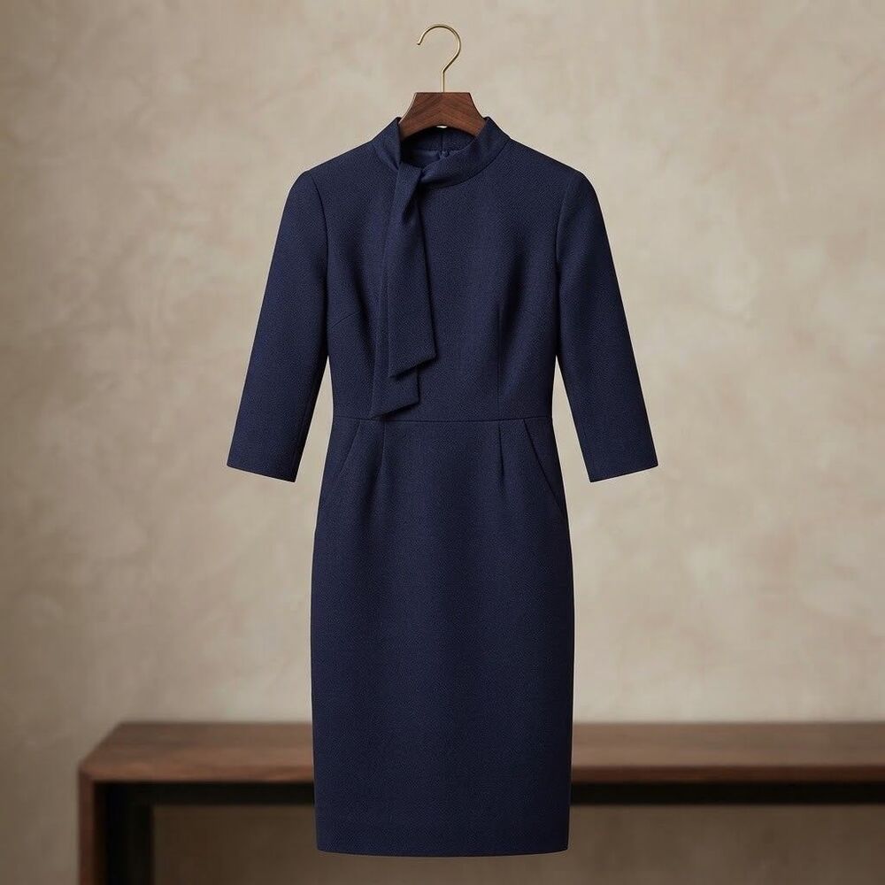 MUXXN Women's Navy Blue Vintage Retro Tie Neck Business Pencil Dress Size M